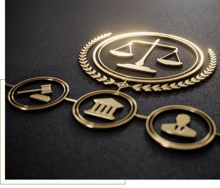 Gold justice symbols on dark background.