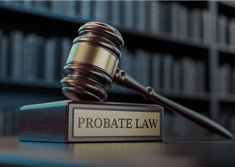 Gavel on "Probate Law" book in library.