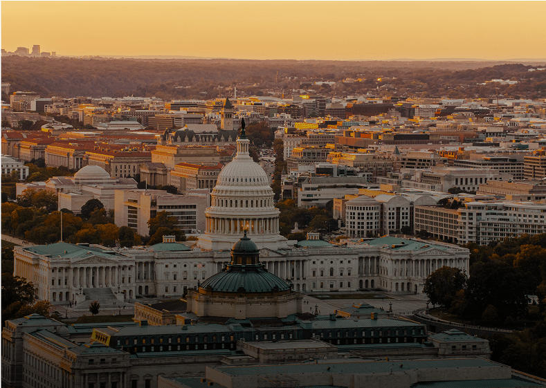 Capitol building at sunset, Washington D.C. skyline.