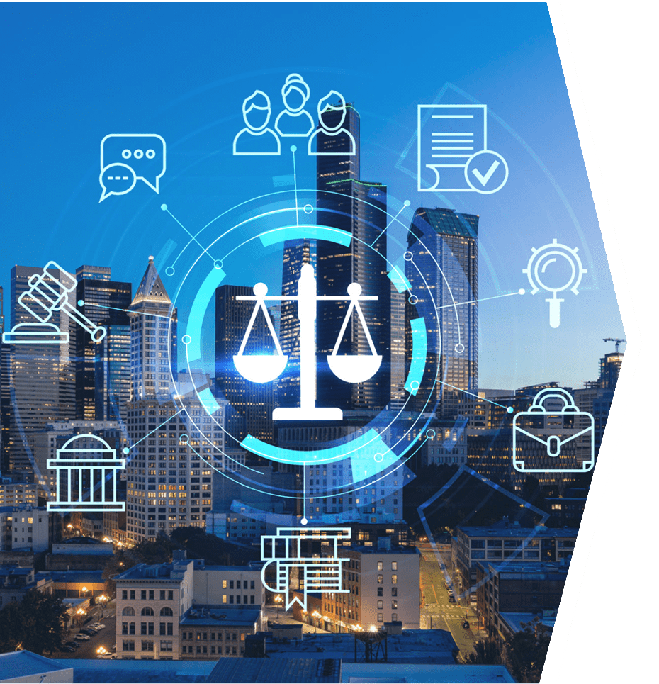 Scales of justice over cityscape background.